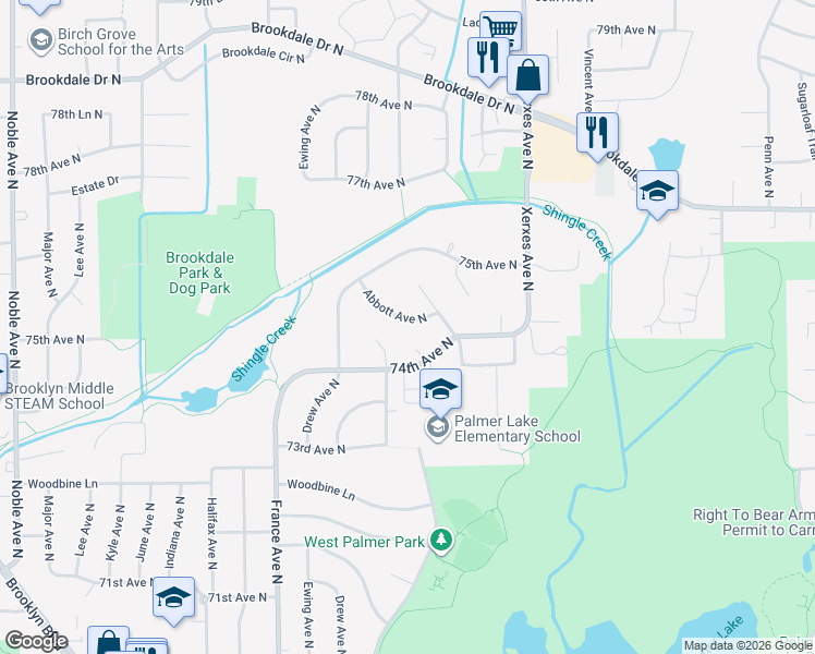 map of restaurants, bars, coffee shops, grocery stores, and more near 7419 Abbott Avenue North in Minneapolis