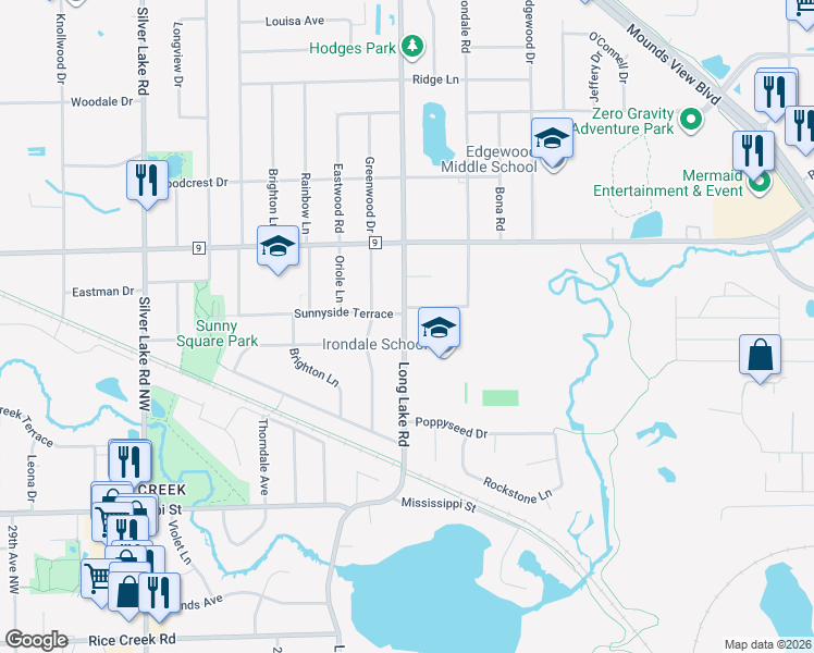 map of restaurants, bars, coffee shops, grocery stores, and more near 2455 Long Lake Rd in New Brighton