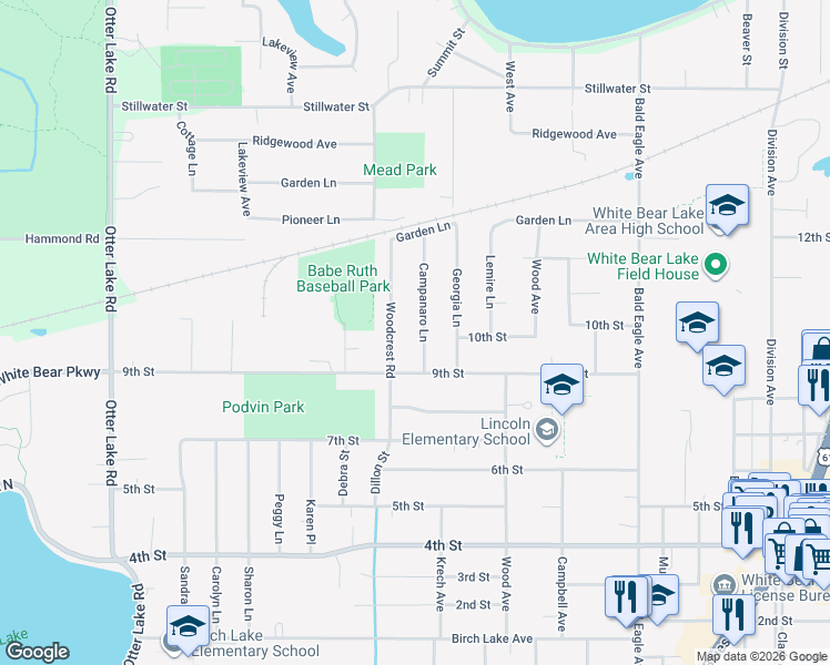 map of restaurants, bars, coffee shops, grocery stores, and more near 4967 Campanaro Lane in White Bear Lake