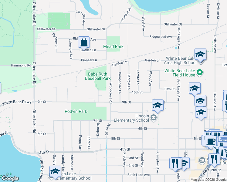 map of restaurants, bars, coffee shops, grocery stores, and more near 4967 Campanaro Lane in White Bear Lake