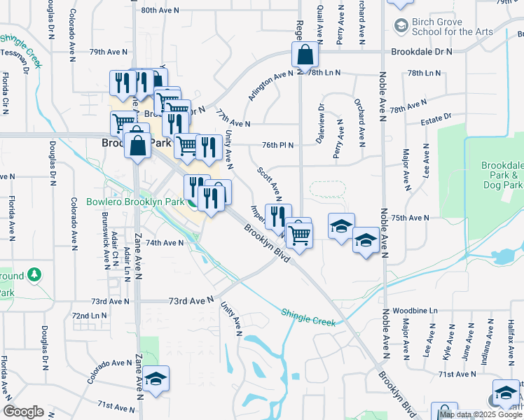 map of restaurants, bars, coffee shops, grocery stores, and more near 7508 Imperial Drive North in Minneapolis