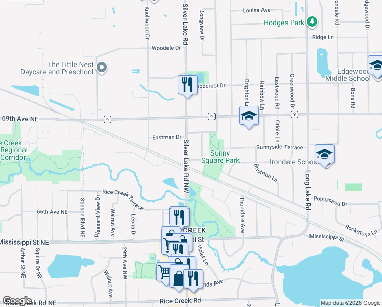 map of restaurants, bars, coffee shops, grocery stores, and more near 2468 Silver Lake Road Northwest in New Brighton
