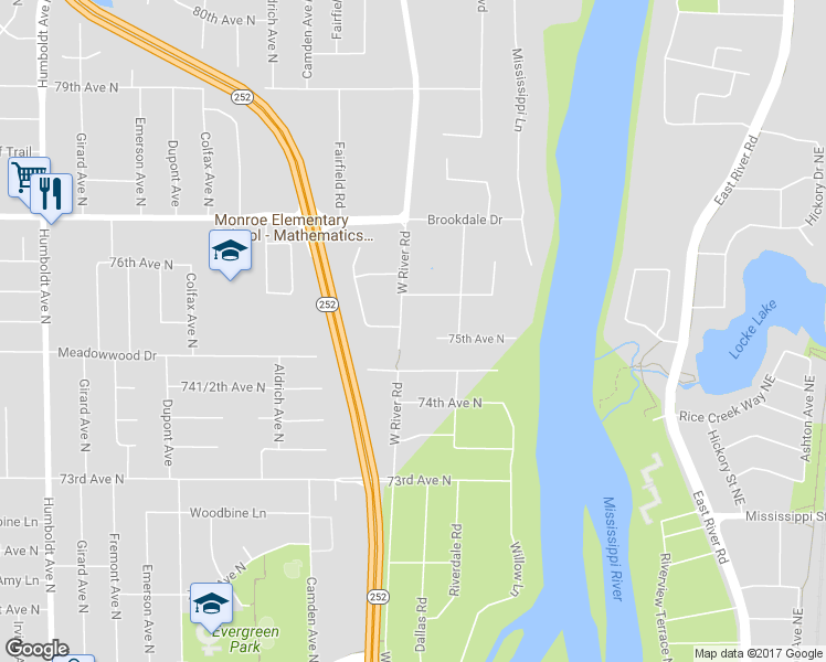 map of restaurants, bars, coffee shops, grocery stores, and more near 7520 W River Rd in Minneapolis