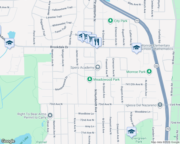 map of restaurants, bars, coffee shops, grocery stores, and more near 7507 Humboldt Circle North in Minneapolis