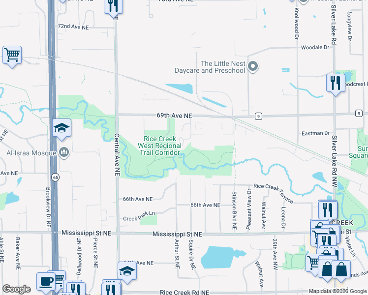 map of restaurants, bars, coffee shops, grocery stores, and more near 1512 South Timber Ridge in Fridley