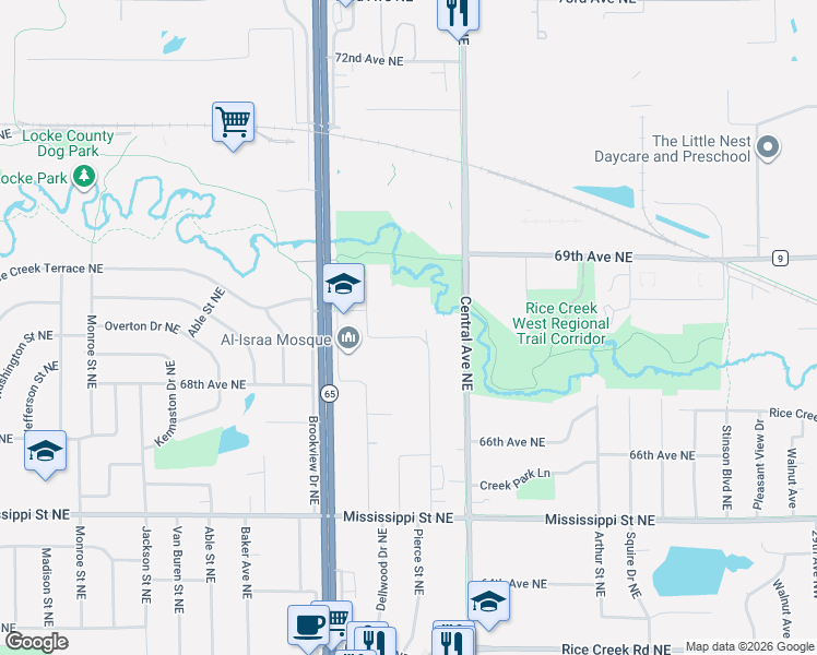 map of restaurants, bars, coffee shops, grocery stores, and more near 6805 Channel Road Northeast in Fridley