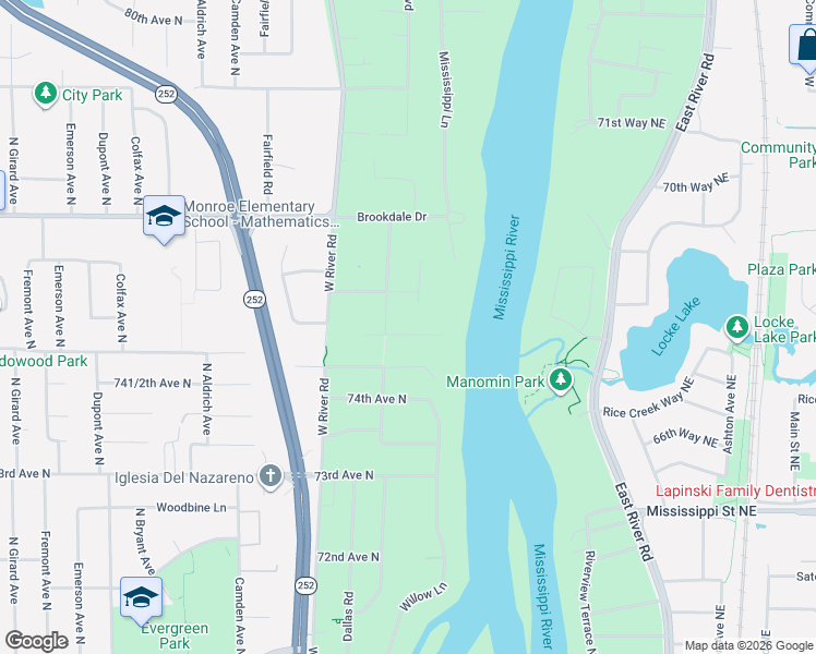 map of restaurants, bars, coffee shops, grocery stores, and more near 200 75th Avenue North in Minneapolis