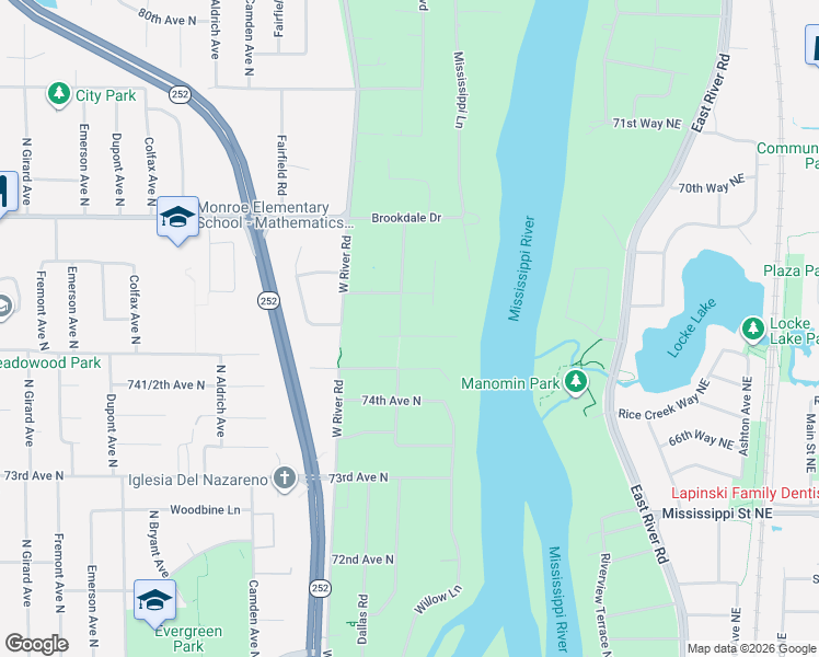 map of restaurants, bars, coffee shops, grocery stores, and more near 200 75th Avenue North in Minneapolis