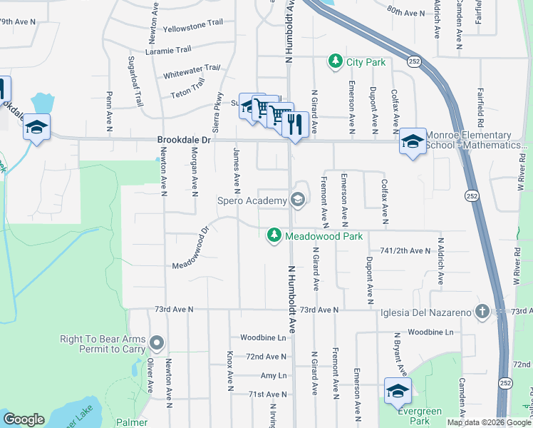 map of restaurants, bars, coffee shops, grocery stores, and more near 7507 Humboldt Circle North in Minneapolis