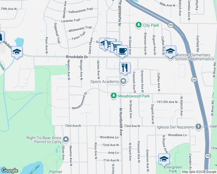 map of restaurants, bars, coffee shops, grocery stores, and more near 7523 Humboldt Circle North in Minneapolis