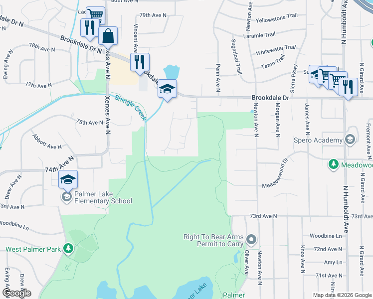 map of restaurants, bars, coffee shops, grocery stores, and more near 2553 Brookdale Court in Brooklyn Park