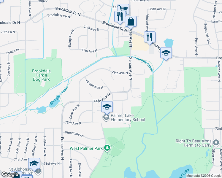 map of restaurants, bars, coffee shops, grocery stores, and more near 7404 Zenith Avenue North in Brooklyn Park