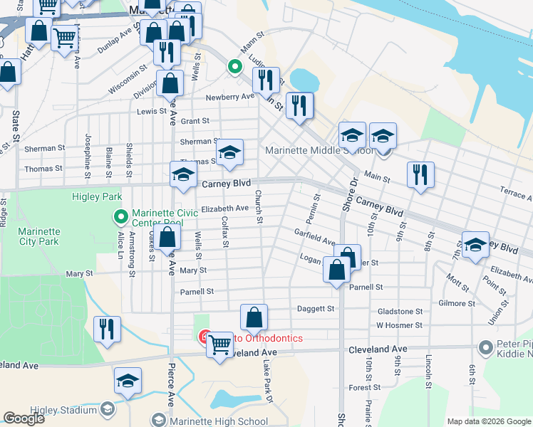 map of restaurants, bars, coffee shops, grocery stores, and more near 1339 Elizabeth Ave in Marinette