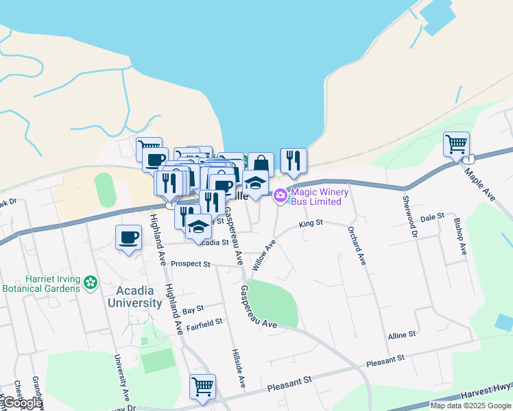 map of restaurants, bars, coffee shops, grocery stores, and more near 4 Seaview Avenue in Wolfville