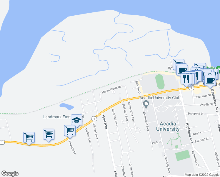 map of restaurants, bars, coffee shops, grocery stores, and more near 30 Marsh Hawk Drive in Wolfville
