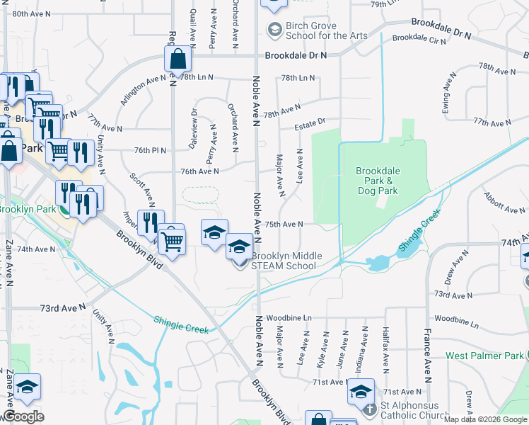 map of restaurants, bars, coffee shops, grocery stores, and more near 7508 Noble Avenue North in Minneapolis