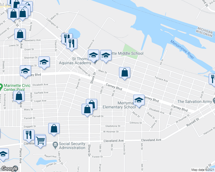 map of restaurants, bars, coffee shops, grocery stores, and more near 929 Carney Boulevard in Marinette