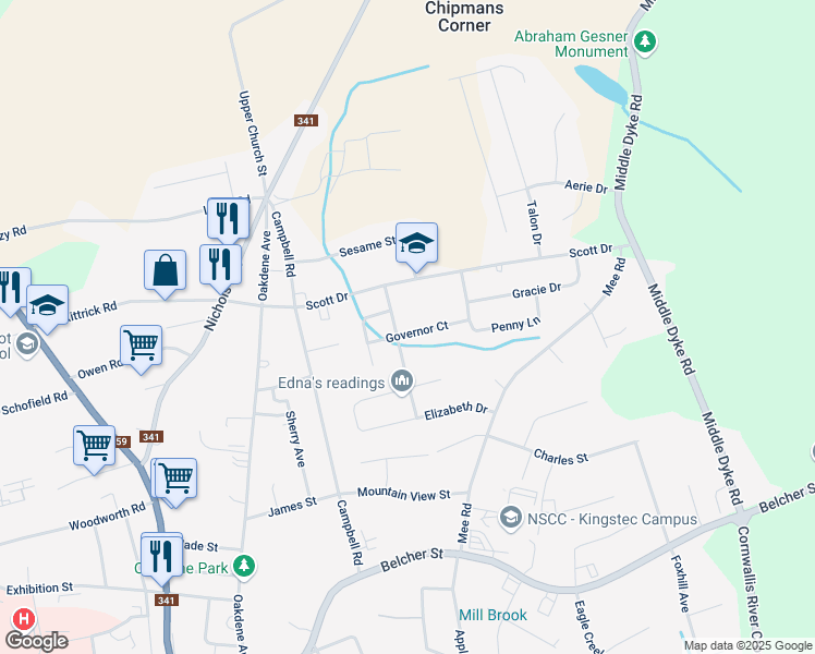 map of restaurants, bars, coffee shops, grocery stores, and more near 1078 Governor Court in Kentville