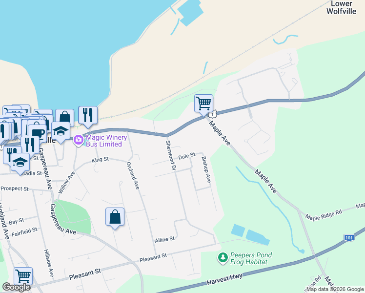 map of restaurants, bars, coffee shops, grocery stores, and more near 9 Sherwood Drive in Wolfville
