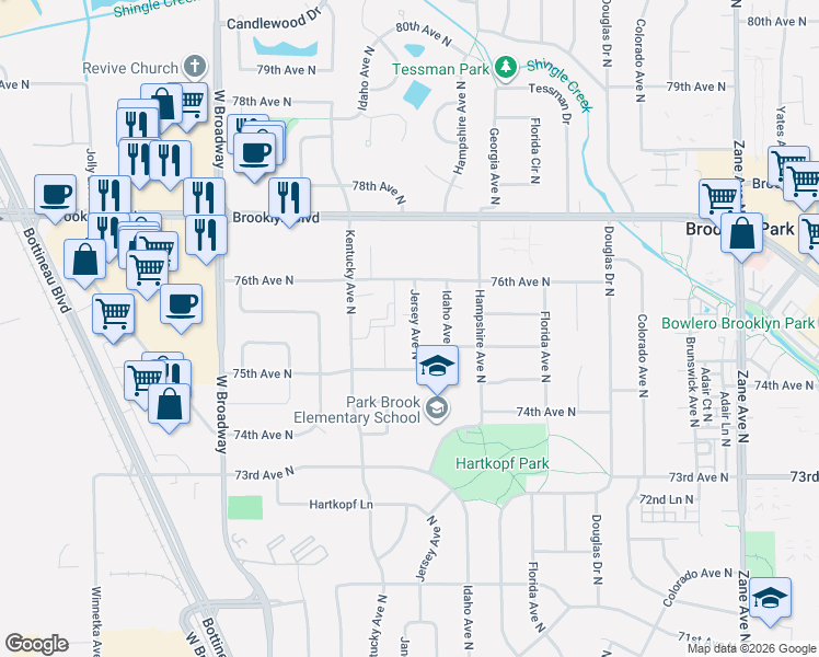 map of restaurants, bars, coffee shops, grocery stores, and more near 7521 Jersey Avenue North in Minneapolis