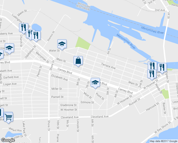 map of restaurants, bars, coffee shops, grocery stores, and more near 709 Main Street in Marinette