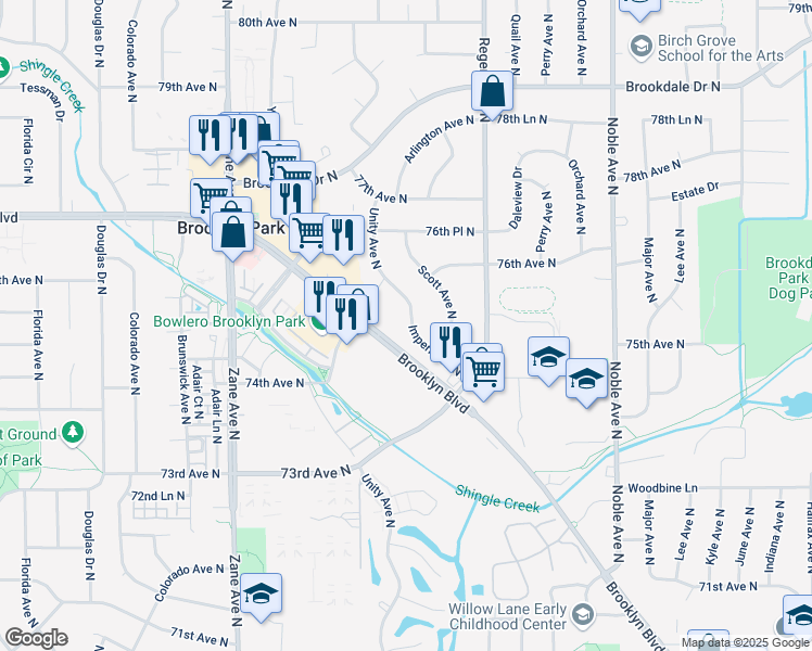 map of restaurants, bars, coffee shops, grocery stores, and more near 7525 Imperial Drive North in Minneapolis