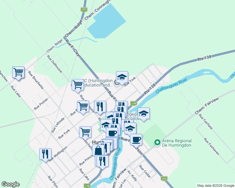 map of restaurants, bars, coffee shops, grocery stores, and more near 27 Rue York in Huntingdon