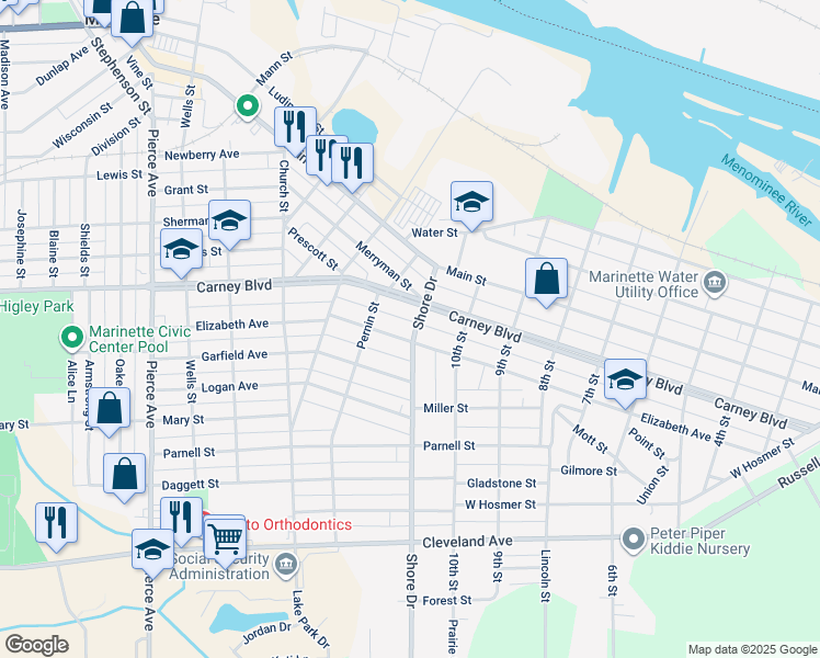 map of restaurants, bars, coffee shops, grocery stores, and more near 1323 Shore Drive in Marinette