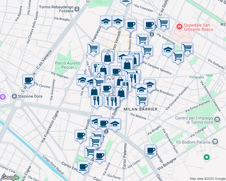 map of restaurants, bars, coffee shops, grocery stores, and more near 13 Via Elvo in Turin