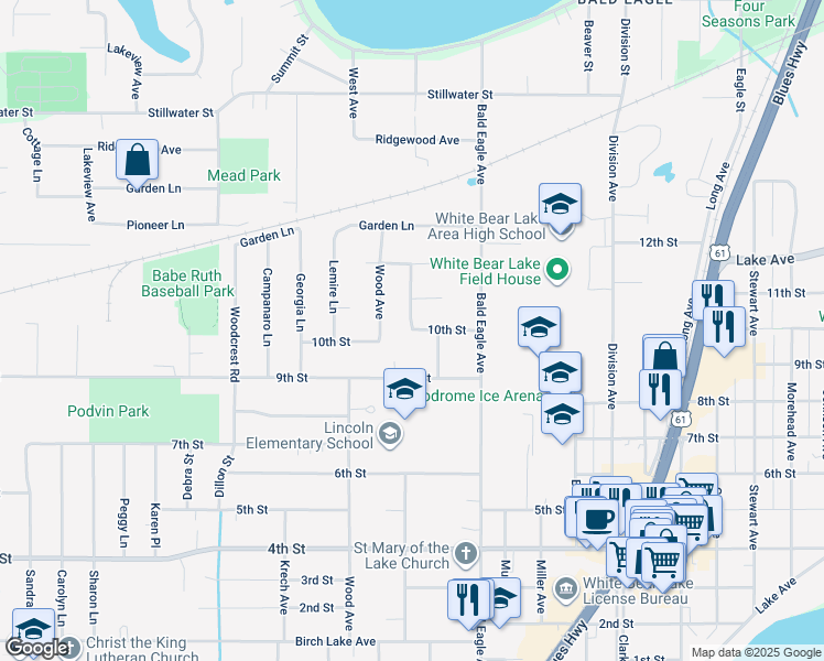 map of restaurants, bars, coffee shops, grocery stores, and more near 10th Street in White Bear Lake