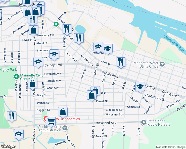 map of restaurants, bars, coffee shops, grocery stores, and more near 1323 Shore Drive in Marinette
