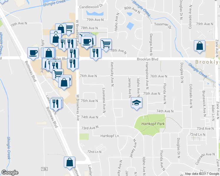 map of restaurants, bars, coffee shops, grocery stores, and more near 7541 Kentucky Avenue North in Minneapolis