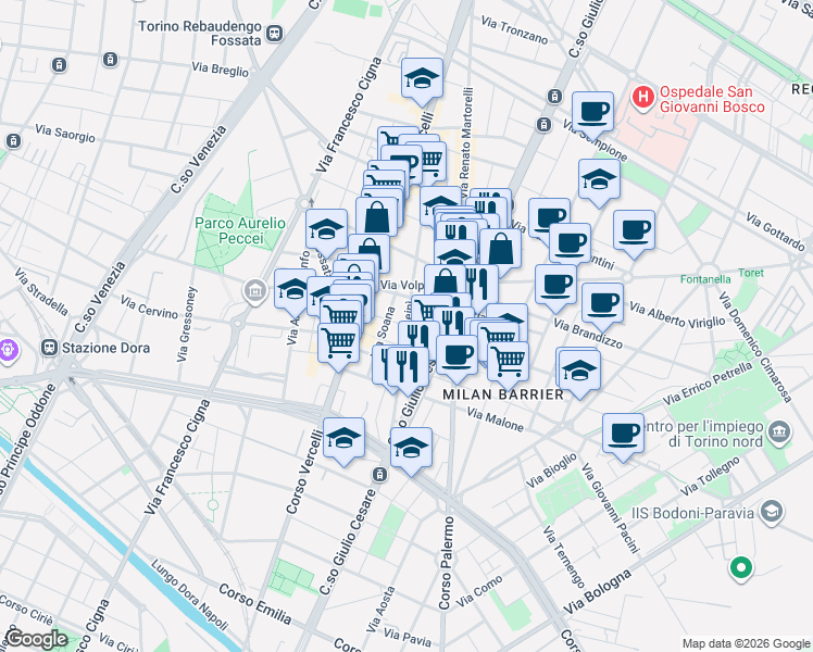 map of restaurants, bars, coffee shops, grocery stores, and more near 13 Via Elvo in Turin