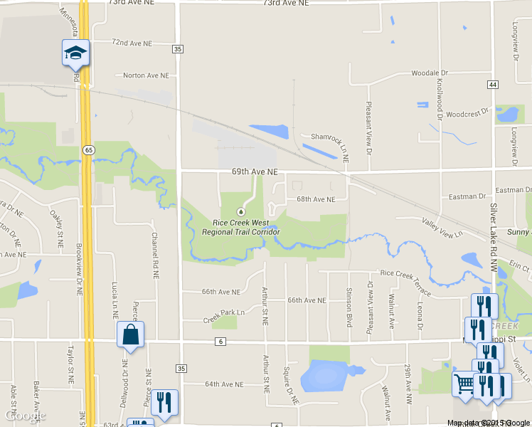 map of restaurants, bars, coffee shops, grocery stores, and more near 1512 South Timber Ridge in Fridley