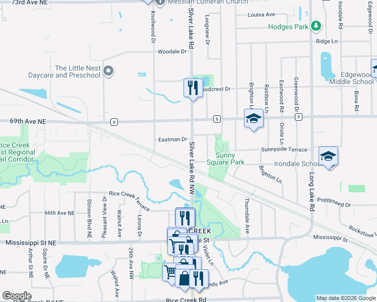 map of restaurants, bars, coffee shops, grocery stores, and more near 2468 Silver Lake Road Northwest in New Brighton