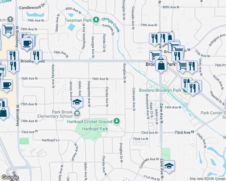 map of restaurants, bars, coffee shops, grocery stores, and more near 7517 Edgewood Avenue North in Minneapolis
