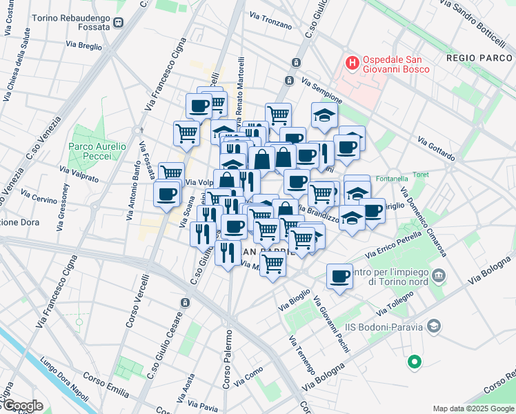 map of restaurants, bars, coffee shops, grocery stores, and more near 52 Via Feletto in Torino