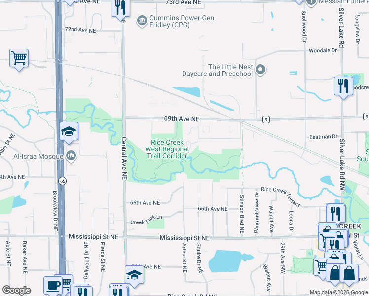 map of restaurants, bars, coffee shops, grocery stores, and more near 1512 South Timber Ridge in Fridley