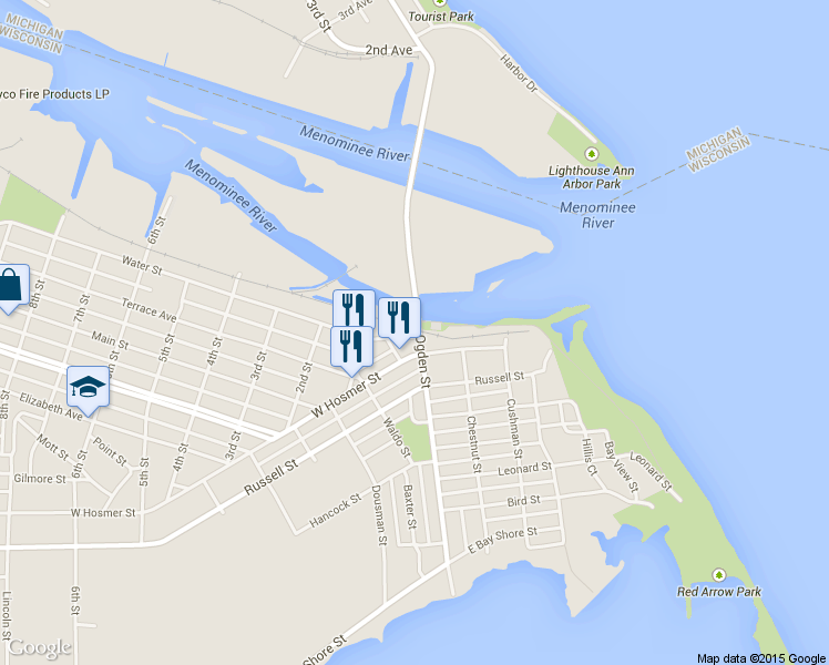 map of restaurants, bars, coffee shops, grocery stores, and more near 60 Water St in Marinette