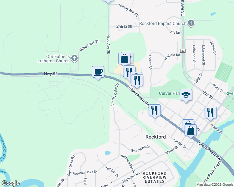map of restaurants, bars, coffee shops, grocery stores, and more near 8904 Autumn Oaks Drive in Rockford