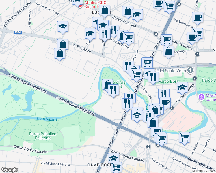 map of restaurants, bars, coffee shops, grocery stores, and more near 15E Via Forlì in Turin