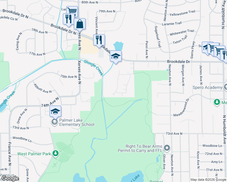 map of restaurants, bars, coffee shops, grocery stores, and more near 2649 Brookdale Lane in Brooklyn Park