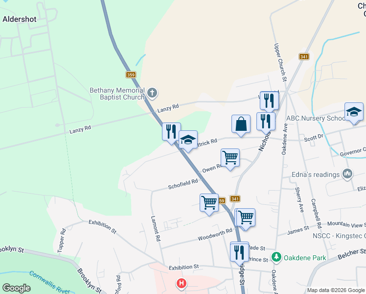map of restaurants, bars, coffee shops, grocery stores, and more near 1232 McKittrick Road in Kentville