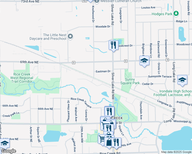 map of restaurants, bars, coffee shops, grocery stores, and more near 2515 Knollwood Drive in New Brighton