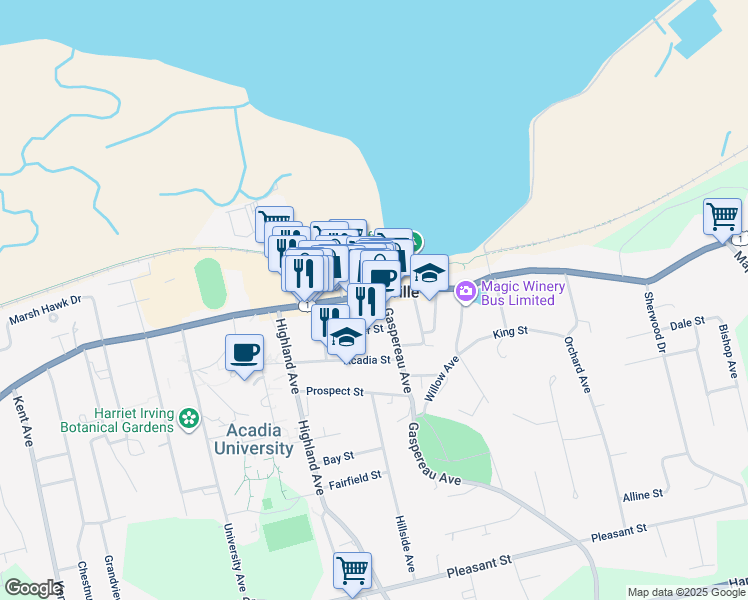 map of restaurants, bars, coffee shops, grocery stores, and more near 393 Main Street in Wolfville