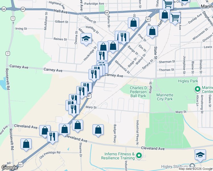 map of restaurants, bars, coffee shops, grocery stores, and more near 2741 Merchant Street in Marinette