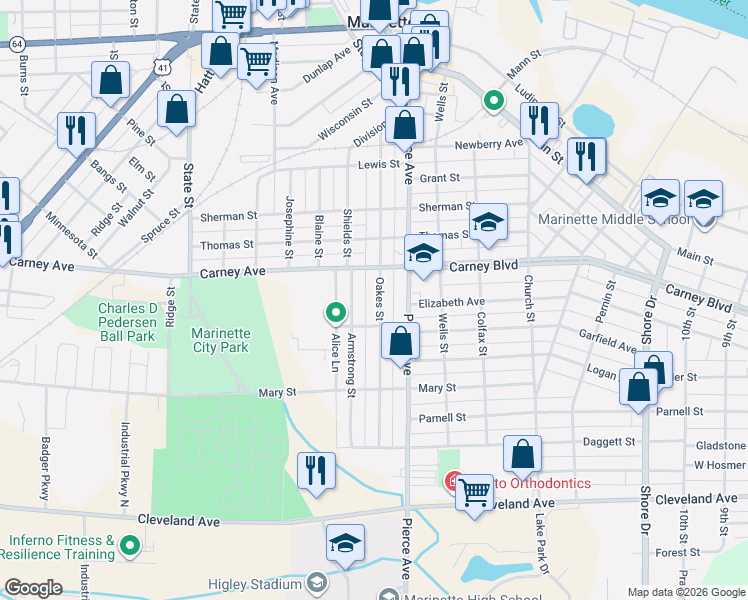 map of restaurants, bars, coffee shops, grocery stores, and more near 1333 Oakes Street in Marinette