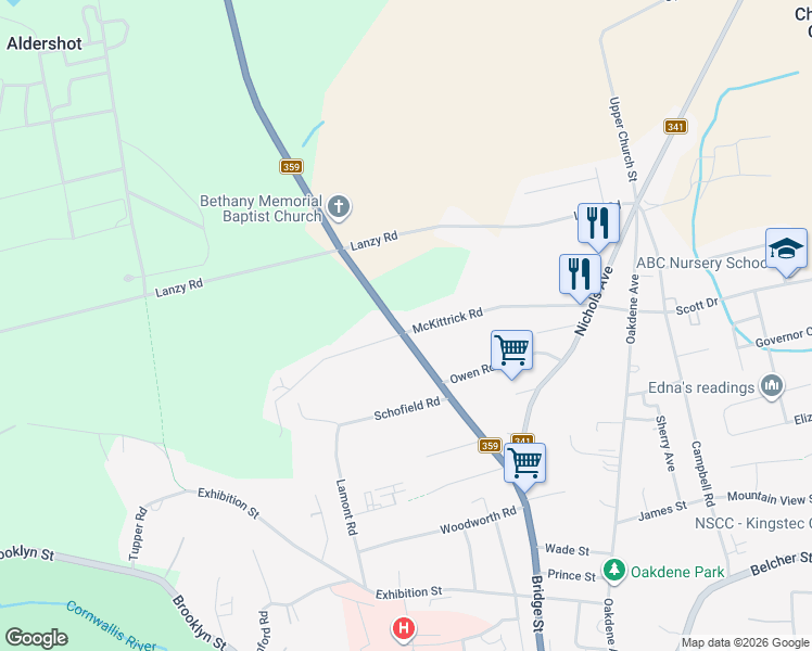 map of restaurants, bars, coffee shops, grocery stores, and more near 1232 McKittrick Road in Kentville