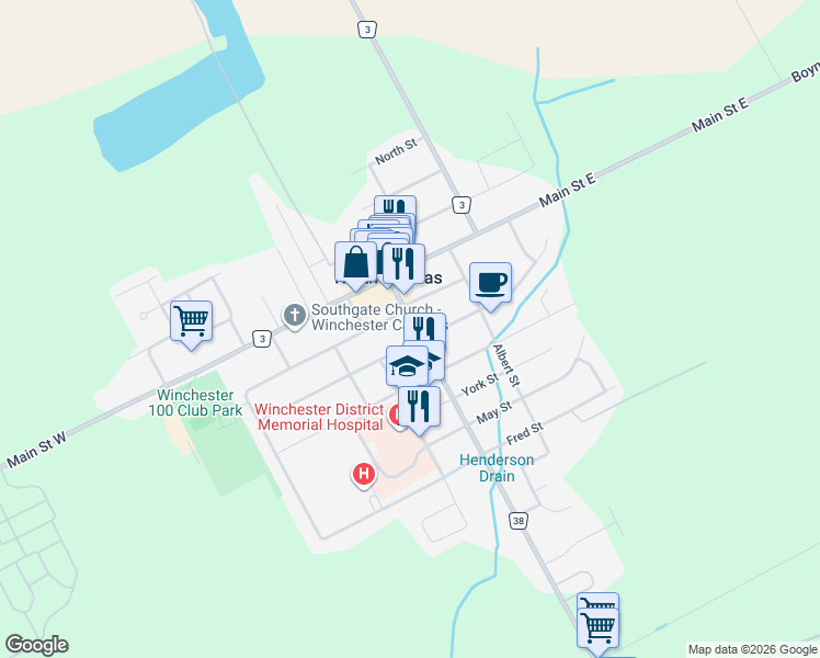 map of restaurants, bars, coffee shops, grocery stores, and more near 531 County Road 38 in Winchester