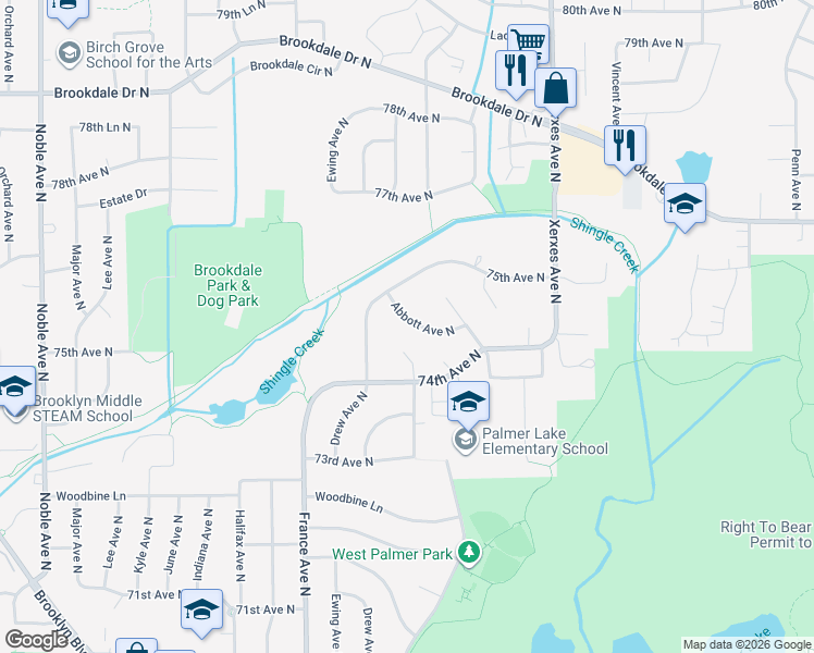 map of restaurants, bars, coffee shops, grocery stores, and more near 7435 Abbott Avenue North in Minneapolis
